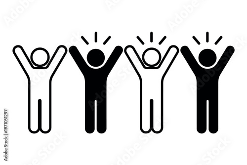 Four stick figures celebrating with raised arms in unison
