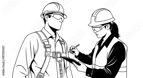 Construction workers in safety gear reviewing project plans together.