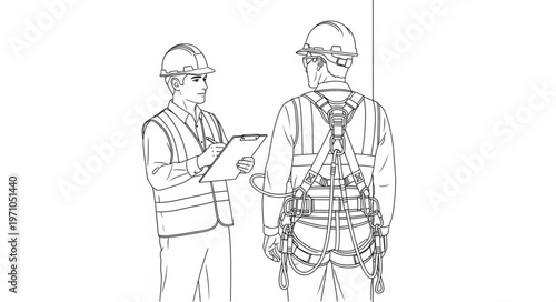 Construction workers in safety gear discussing project details.