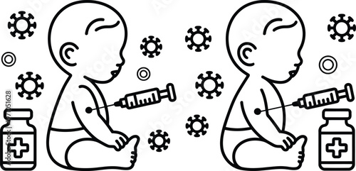 A medical illustration of babies receiving vaccinations from syringes