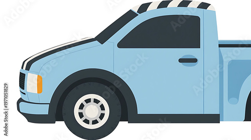 A stylized light blue cartoon car with black and white stripes isolated