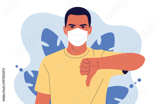 A man wearing a face mask gives a thumbs down