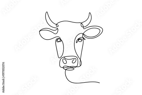 Minimalist black and white continuous line of a cow's head animal farm line minimalist