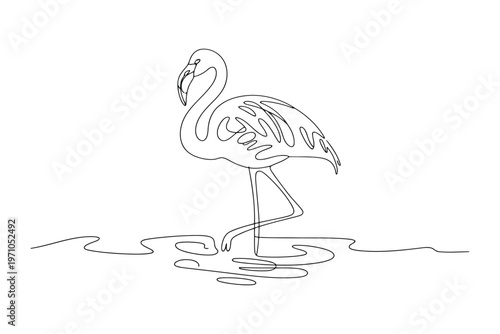 Single line of pink flamingo standing in water single line minimalist bird