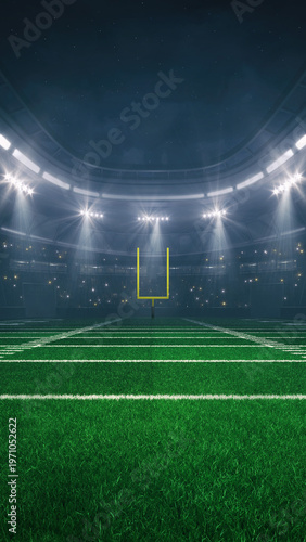 American football field at a sports stadium with glowing spotlights and fans ready for the upcoming night sporting event.