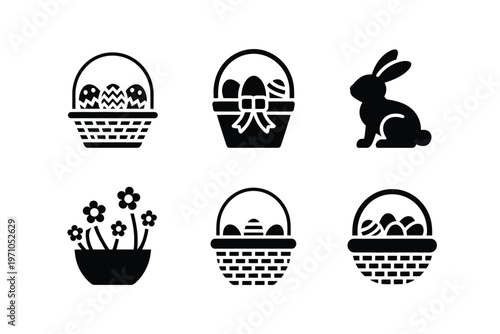 A set of black Easter icons on a white background