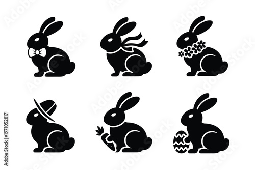A set of six black silhouette bunnies in various poses and accessories