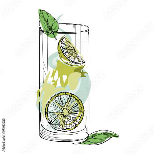 Vector Mojito Tropical composition, mint sprig, lime wheels garnish. Highball collins glass hand drawn in ink. Vibrant tones, minimalist contours, perfect for summer design kits and drink patterns.