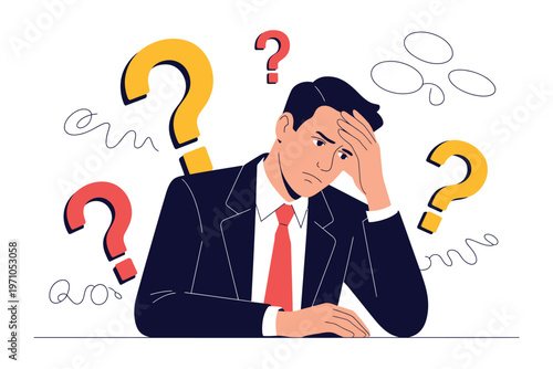 A stressed businessman with question marks surrounding his head