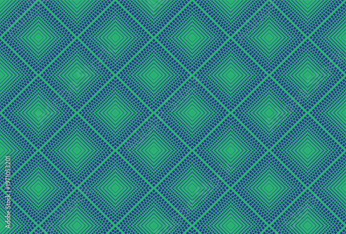 Seamless geometric pattern with layered diamond shapes and fine grid lines in blue and green tones.