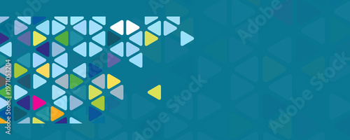 Geometric mosaic pattern of colorful triangles and squares in various shades of blue and teal creating an abstract background with a sense of depth and movement for modern design concepts