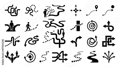Business and Navigation Paths Direction Glyph Vector Icons Set - Journey, Choice, Strategy