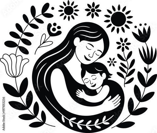 A mother tenderly hugging her child surrounded by flowers and leaves
