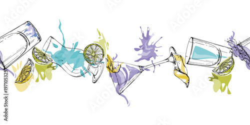 Aviation martini, Ocean Breeze served in hurricane glass, burning fire on clear spirits shot. Cyan cocktail bar band with citrus slices. Hand drawn seamless banner for wrapping edges, recipe blogs