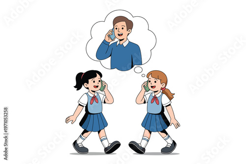 Two schoolgirls thinking about a man while talking on their phones