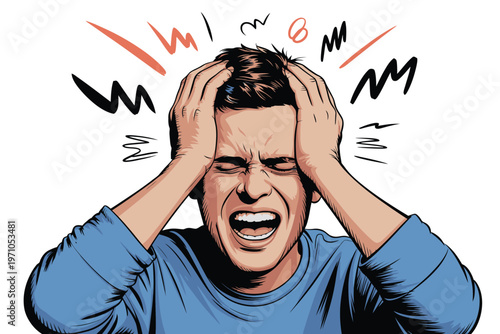A stressed man with his hands on his head screaming in frustration