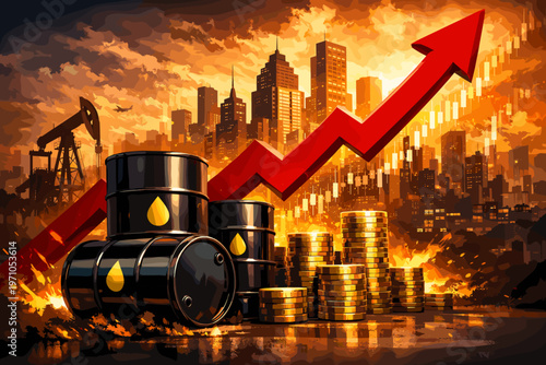 Rising Oil Prices Concept with Barrels, Upward Arrow and Energy Market Growth