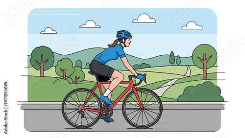 Cyclist rides on road with vector CAD design bike through scenic landscape