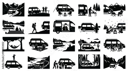 Van Life and Outdoor Camping Adventure Black  White Glyph Icons