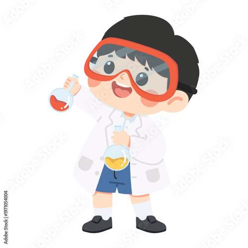 Young scientist holding beakers in laboratory