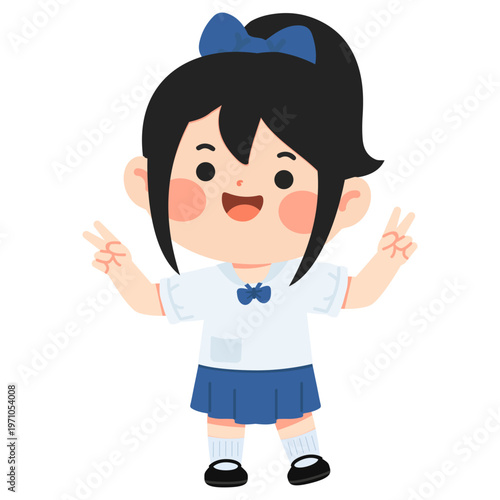 Smiling girl student making peace sign gesture
