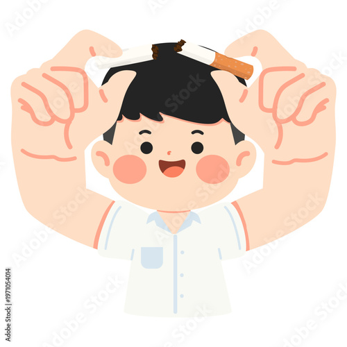 Boy student breaking cigarette for no smoking concept