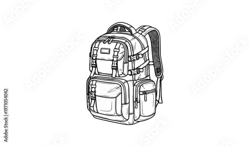 Detailed travel backpack vector black and white hiking bag illustration isolated on white