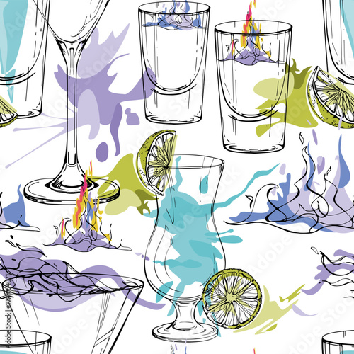 Flaming Sambuca, martini, vodka shots, Aviation and Ocean Breeze, electric lemonade. Cool cocktail tile hand drawn seamless pattern for nightlife branding, content backgrounds, stationery and merch.