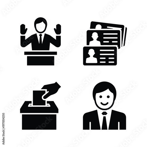 A set of black and white icons depicting the voting process