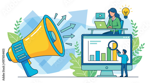 Digital Marketing Strategy and SEO Analytics Vector Illustration. Business Team Working on Social Media Campaign, Data Analysis, and Online Promotion with Giant Megaphone, Computer Monitor, and Growth