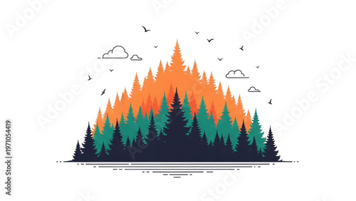 Vector CAD design illustration of a forest fire scene with trees and wildlife fleeing