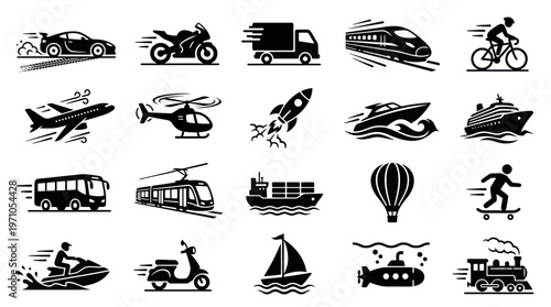 Black  White Glyph Transportation Vehicles Icons Set