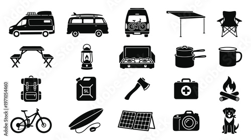 Outdoor Adventure and Camping Gear Glyph Icons Set - Travel Equipment and Vehicles Solid Style