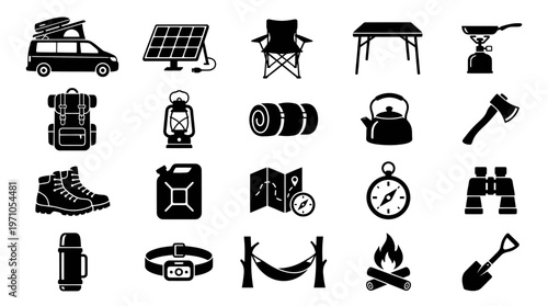 Outdoor Camping Adventure Glyph Icons Set - Gear and Equipment Solid Vector Collection