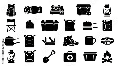 Outdoor Camping Gear and Equipment Glyph Icons Set