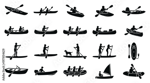 Water Sports Boating Paddling Kayaking Canoeing SUP Rafting Silhouettes Icon Set