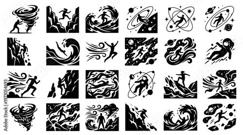 Conceptual Black and White Glyph Vector Icons: People Facing Adversity, Challenges, and Motivation.