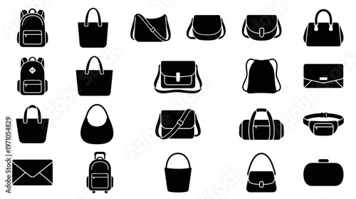 Fashion Accessories Travel Bags Glyph Icon Set - Handbags, Backpacks, Totes, Purses