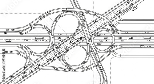 Detailed Architectural Blueprint of a Complex Highway Interchange.