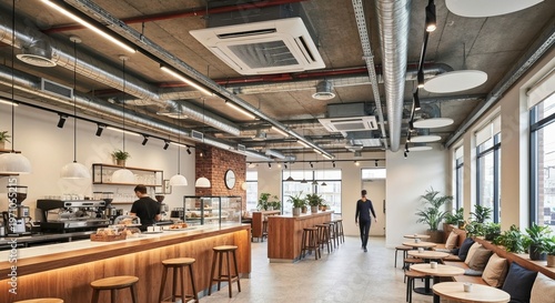 Stylish Modern Caf Interior Featuring Exposed HVAC System, Cozy Seating, and Abundant Greenery