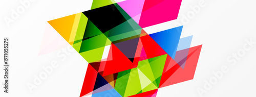 Abstract geometric shapes overlap, creating vibrant colorful composition. Bright hues dominate white background. Modern design element.