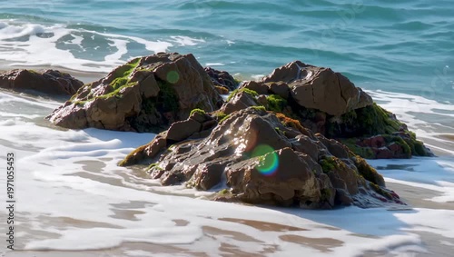 Coastal Rocks in Ocean Waves on Sandy Beach During Sunny Day.