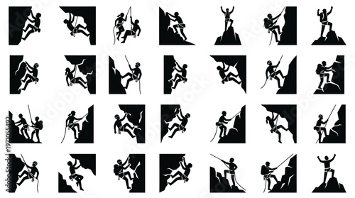 Rock Climbing Mountaineering Outdoor Adventure Glyph Icons Set - Black  White Silhouettes