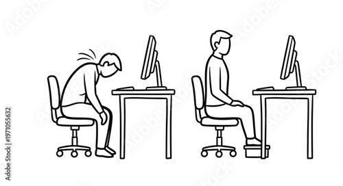 Correct Posture vs Poor Posture at Computer Desk.