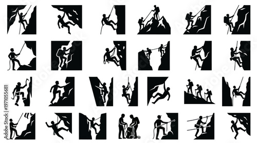 Outdoor Sports Climbing Silhouettes Icon Set. Mountaineers  Rock Climbers Black  White Glyphs