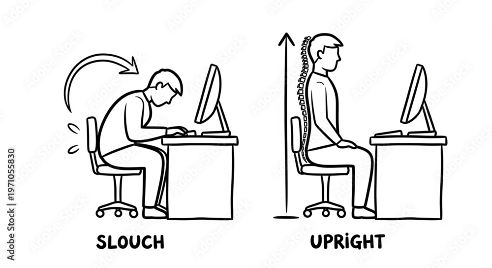 Fototapeta premium Correct Posture vs Slouching at a Computer Desk.