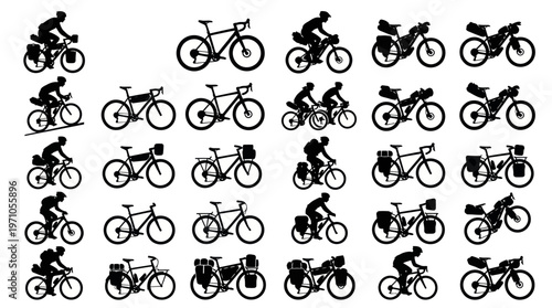 Outdoor Cycling  Bikepacking Bicycles with Riders Silhouette Vector Icons Set