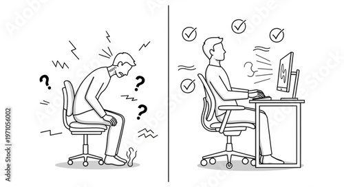 Correct vs Incorrect Posture at Desk Illustration.