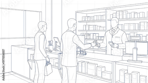 Patients Collecting Medicine with Pharmacist Assistance, Technical CAD Line Drawing, White Background