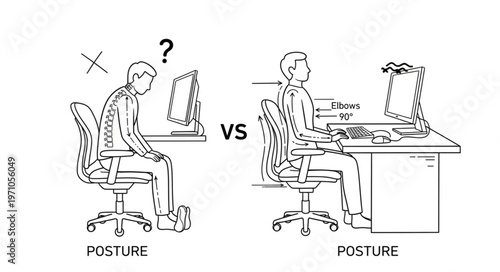 Correct vs Incorrect Posture at Office Desk Illustration.